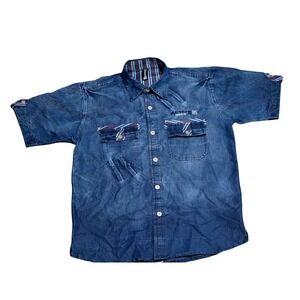 Ocean Boys Sz 16 Blue Crinkle Wash Short Sleeve Button Down Sailor Graphic Shirt